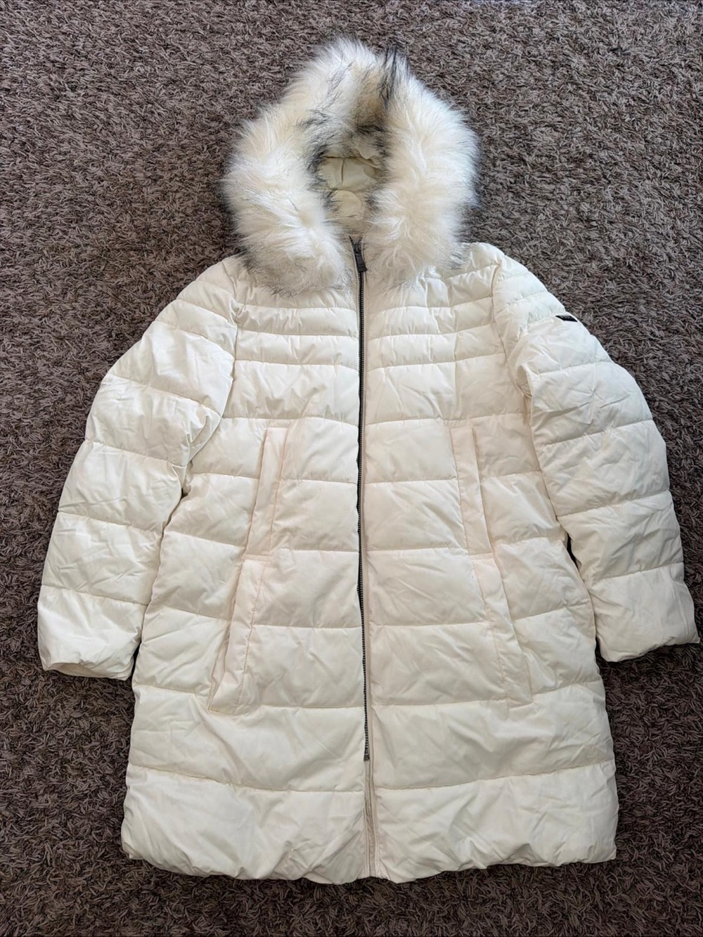 DKNY Cream Quilted Puffer Coat with Faux Fur Hood